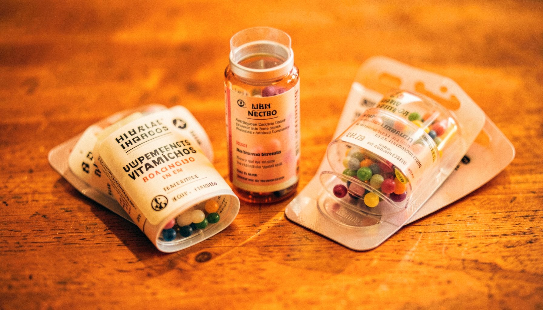 Suplementos vitamínicos en frascos y blísteres sobre un fondo cálido de madera, tonos ámbar y dorado
